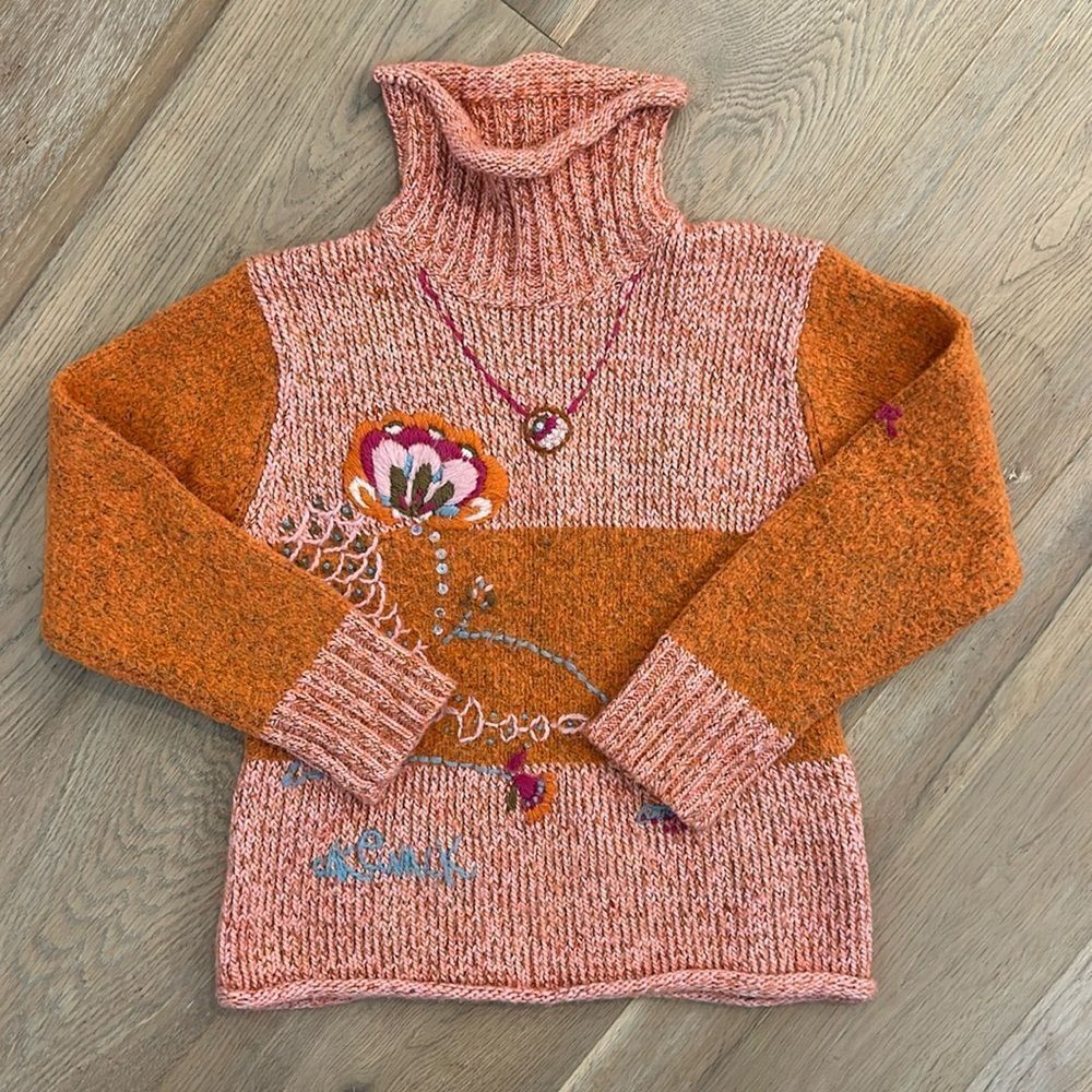 Cakewalk Kids Pink/Orange Turtleneck Sweater with Flower Detail (8)